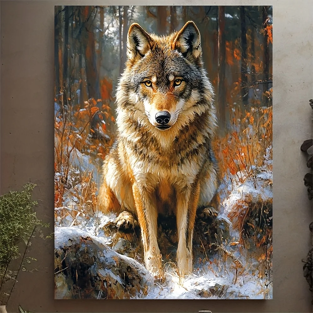 (No frame)1pc Rusticart 12x16 Inch Wolf in Forest Canvas Wall Art - Handmade Recycled Wood Frame, Autumn Snowy Forest Wildlif