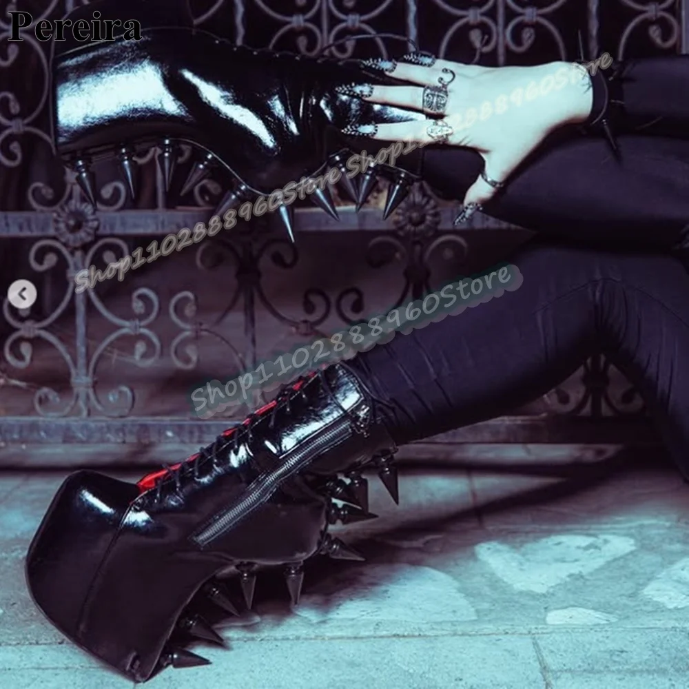 

Sexy Cross Tied Black Patent Leather Platform Rivets Ankle Boots Strange Style Heel Shoes For Women Side Zipper Round Toe Boots