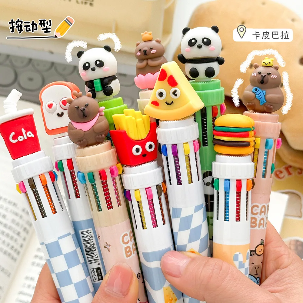 

12 Pcs Wholesale Cartoon Cute Kapibala Burger Fries Panda Press 10 Colors Ballpoint Pens for Writing Supplies Student Gifts