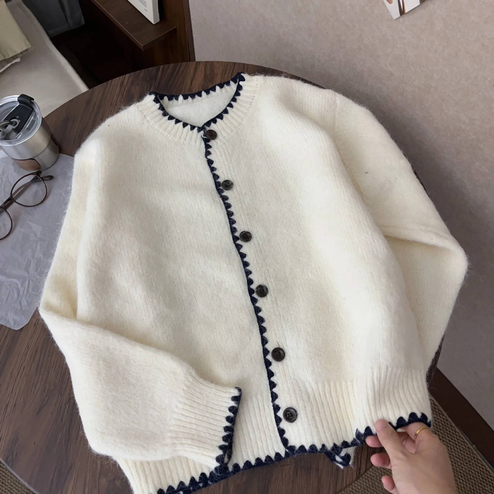 

Elegant Women Solid Cardigan Coat One Breasted Contrast Color Ruched Loose Sweater Female Spring Autumn Thermal Warm Knits Tops