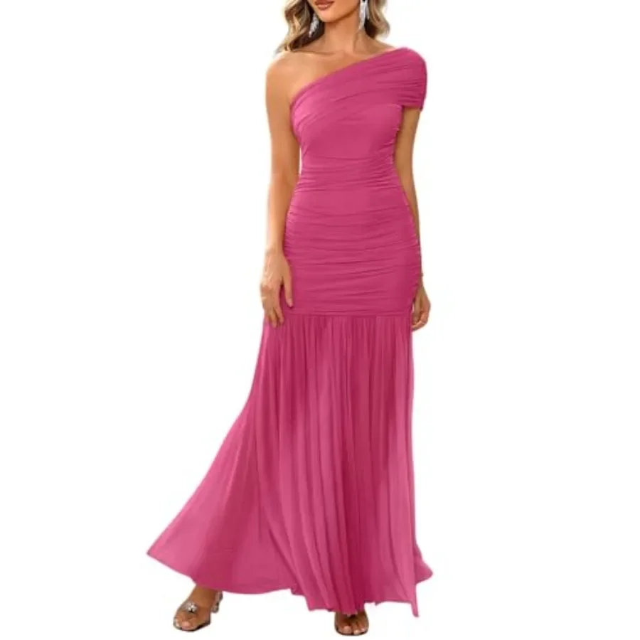 

Women's Elegant Formal Long Dress One Shoulder Sleeveless Ruched Bodycon Evening Dress Customized Woman Dress New