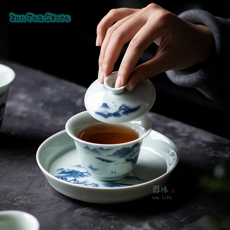 A Single Household Ceramic Kung Fu Tea Set High-grade Chinese Wind Blue And White Hand-made Three Tea Bowl Set