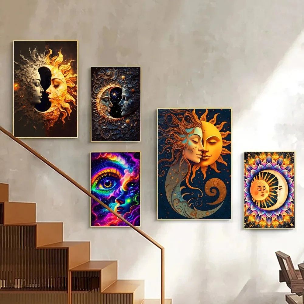 Vintage Sun And Moon Poster Posters Kraft Paper Vintage Poster Wall Art Painting Study Aesthetic Art Small Size Wall Stickers