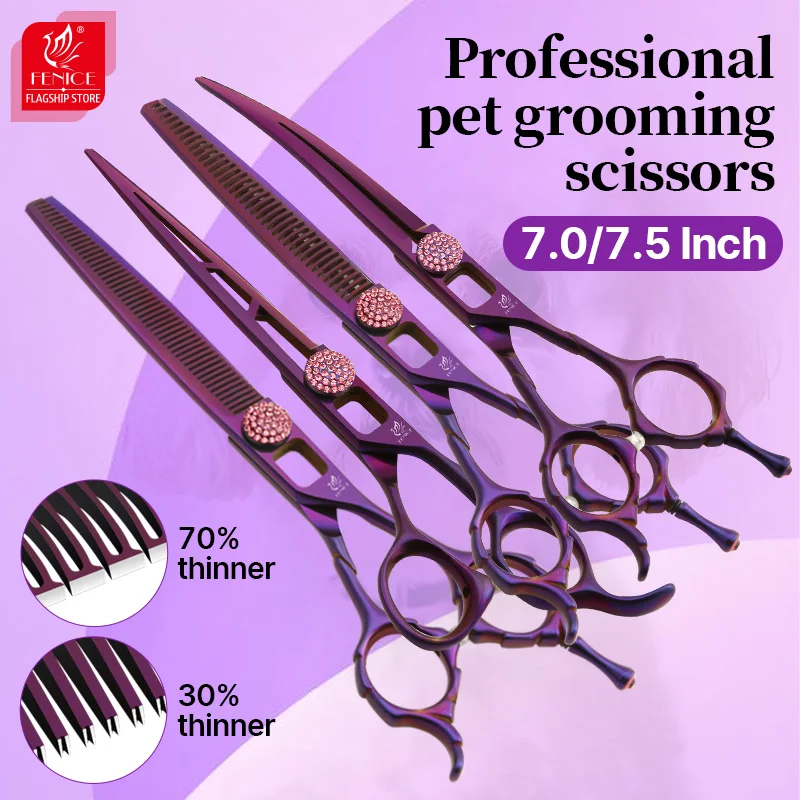 Fenice Dogs Beauty Scissors 7/7.5 Inch Dog Grooming Scissors Kits with Hollow Out Design Straight Thinner Curved Chunker JP440C