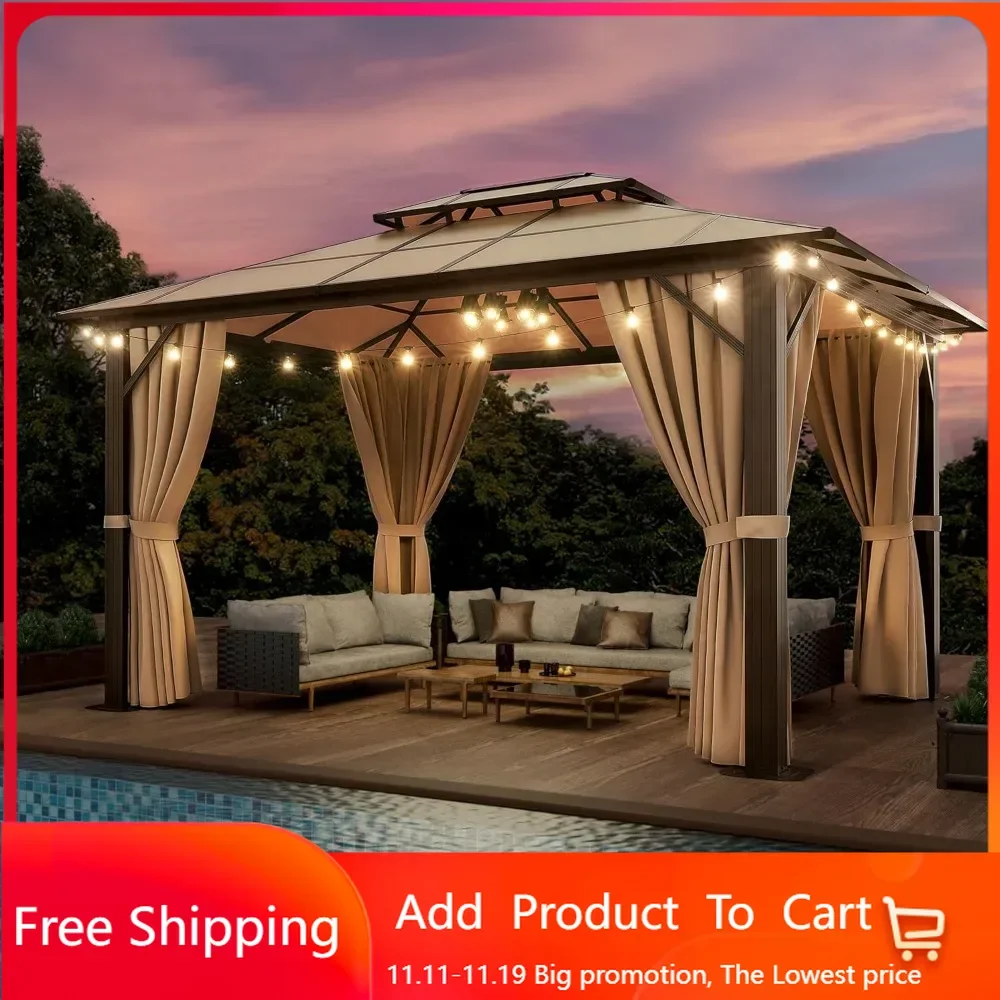 

10'x12' Hardtop Gazebo, Double Roof Gazebo, Aluminum Frame Permanent Pavilion with Netting and Curtains