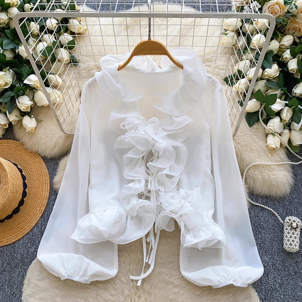 TWOTWINSTYLE ソリッドルーズ甘いフリルブラウス女性のための V ネック長袖春カジュアル通勤シャツ女性のファッション KBL557388