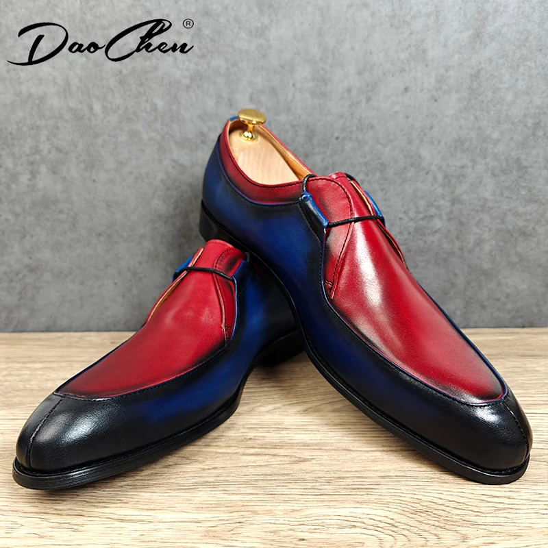 Luxury Brand Men Derby Shoes Genuine Leather Scarlet Navy Two-Tone Slip On Formal Casual Shoes Wedding Office Men\'s Dress Shoes