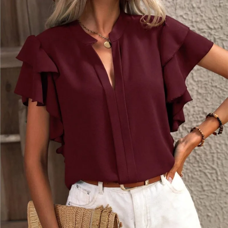 Rose red Elegant Pullover Blouse 2024 Women\'s Summer New V-neck Casual Double Layered Ruffle Sleeves Solid Color Shirt Top