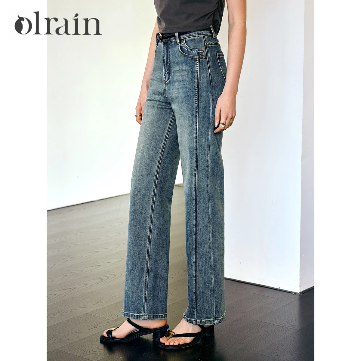 OLrain Women High Waist Blue Embroidery Jeans Autumn 2026 Thin Wide Leg Trousers Slim Straight Pants O57XA96966