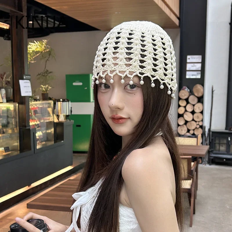 الكورية الرجعية اللؤلؤ شرابة الجوف بيني Cpa للنساء الصيف السفر تنفس تنوعا الجنية نمط البلوز القبعات الملحقات #1