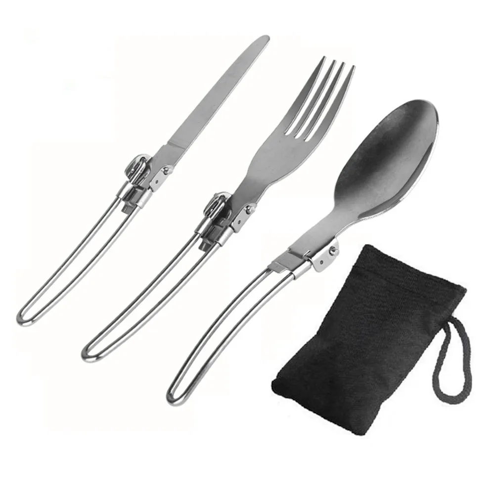 Hot Sale Reliable Useful Outdoor Use Utensil Set Cutlery Set 16.9cm Folding Stainless Steel Cutlery Utensil Set