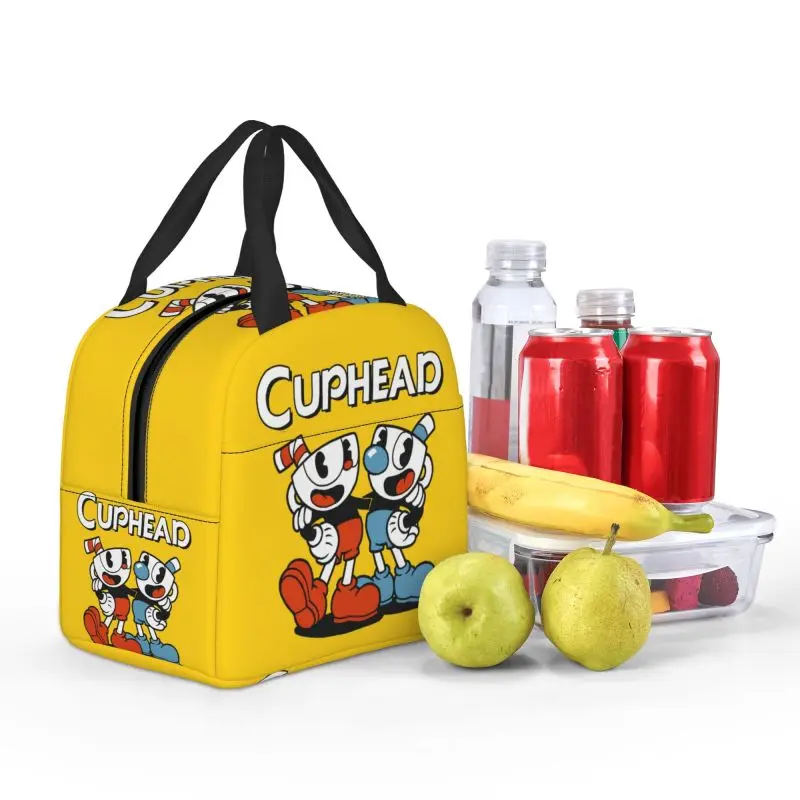 Custom Cuphead Mugman Lunch Bag Men Women Cartoon Game Thermal Cooler Insulated Lunch Box for Children School