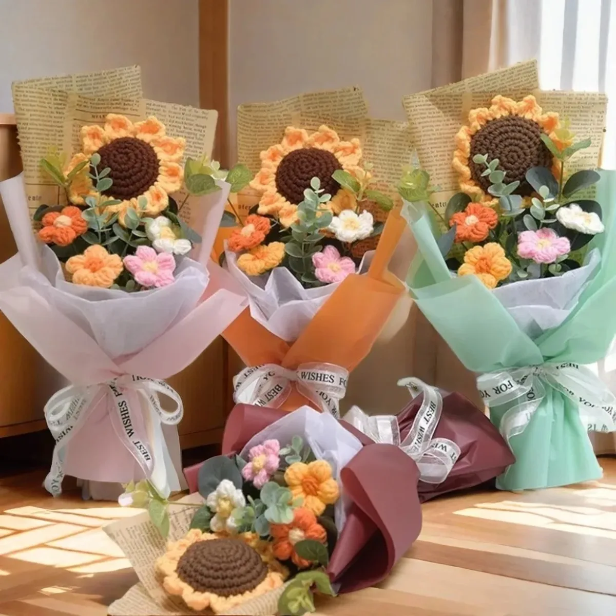 Ramo de flores artificiales de ganchillo, hecho a mano, para aniversario, girasol, Margarita, regalo de cumpleaños para el día de la madre, flor eterna