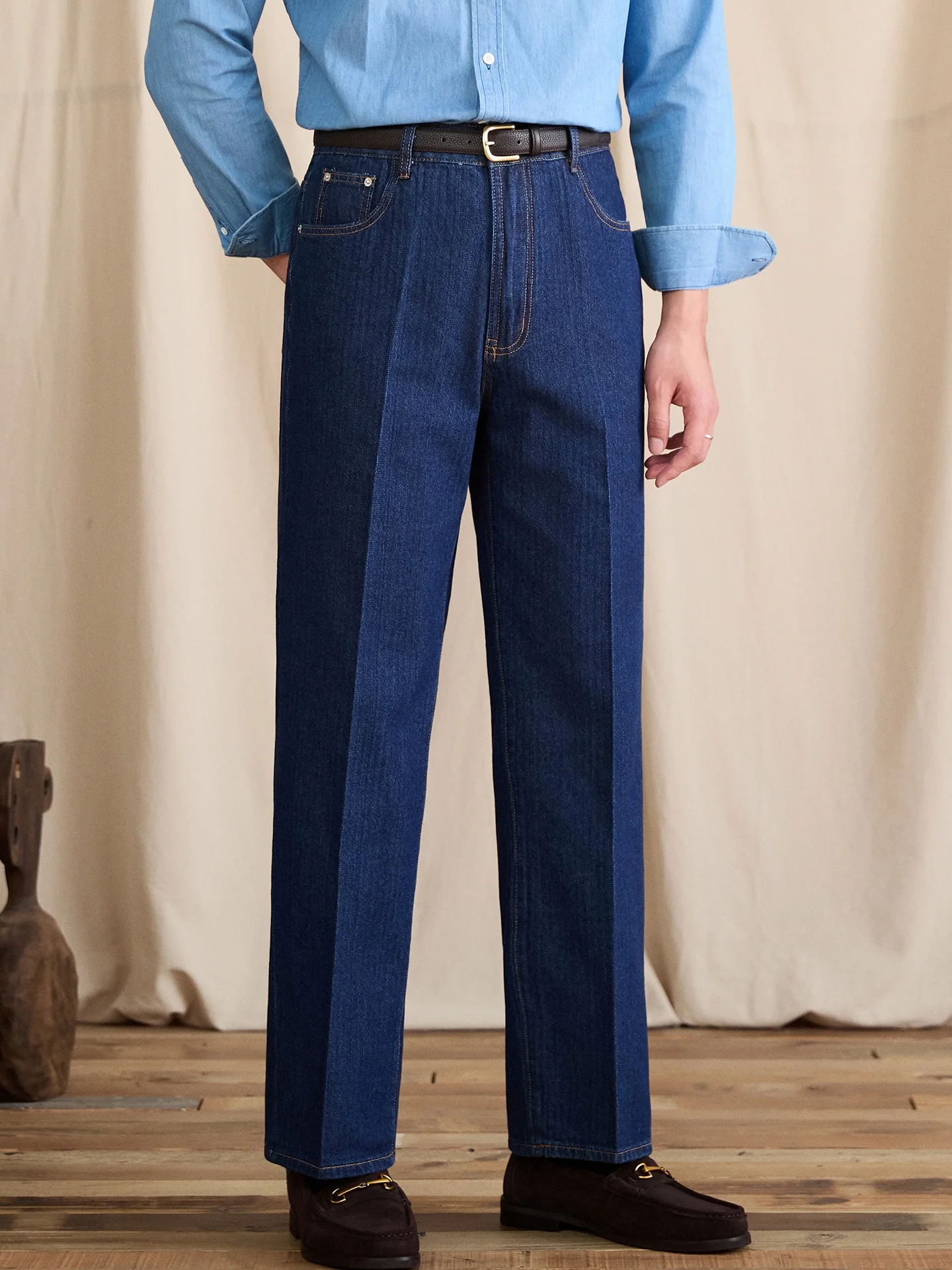 

Повседневные джинсы из смеси хлопка с высокой талией и узором из волокна, мужские прямые длинные брюки темно-синего цвета, модные городские брюки