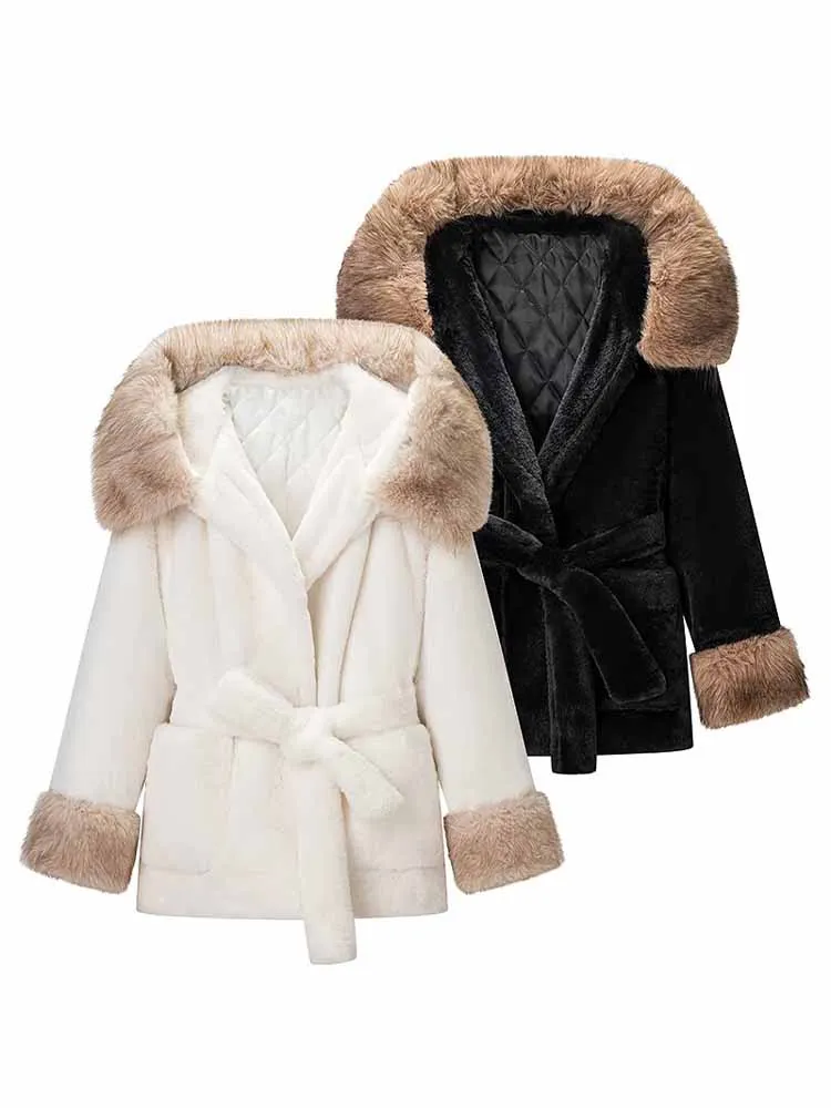 

HH Woman Winter Fashion Casual Long Sleeves Belt Faux Fur Collar Hooded Loose Quilted Jacket Female Versatile Casual Warm Coat