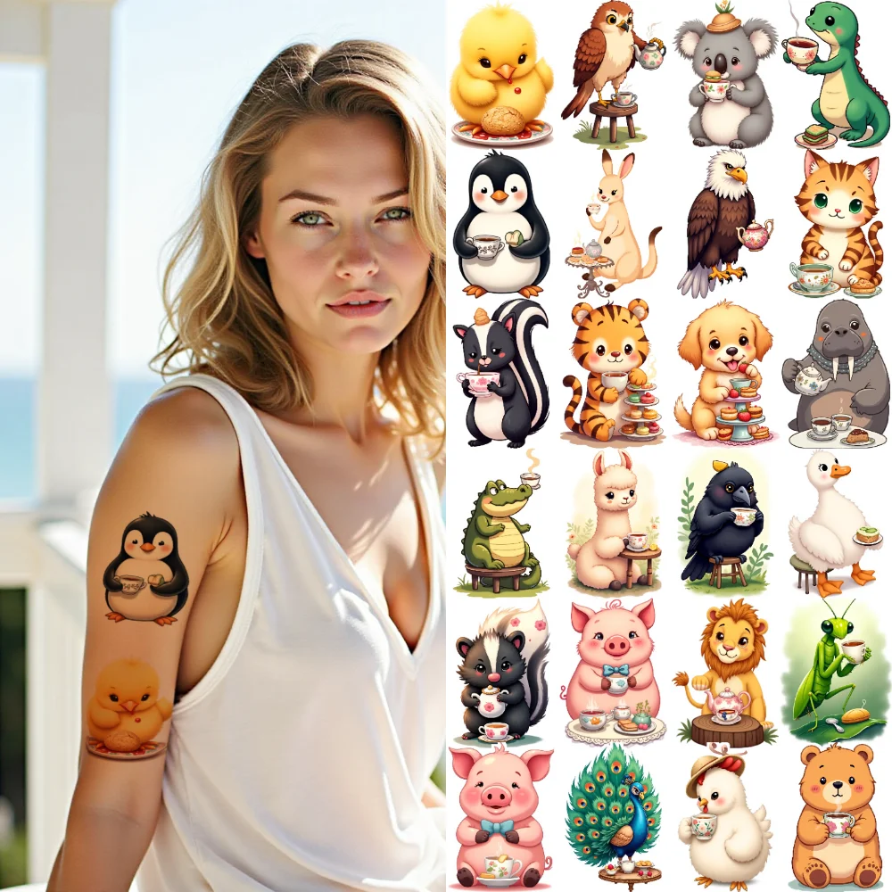 

28 шт., временные татуировки, чаепитие, искусство, мультяшные животные, иллюстрации, временные татуировки, наклейки для щек, плеч