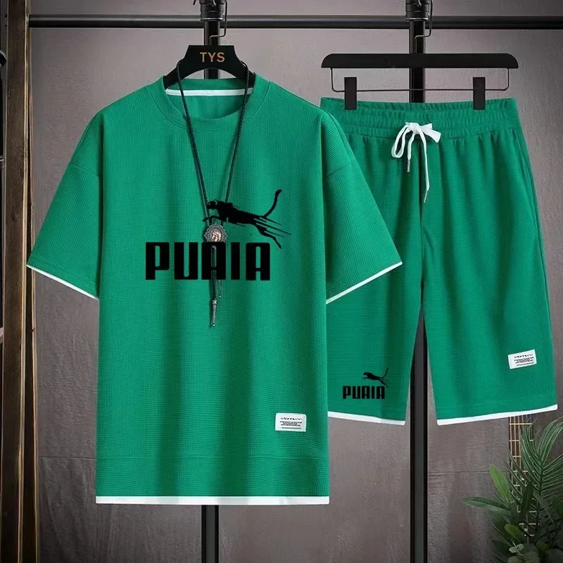 Men's monochrome embossed T-shirt, men's casual fashion, lens, two-piece set, summer, hot selling, new, 2024