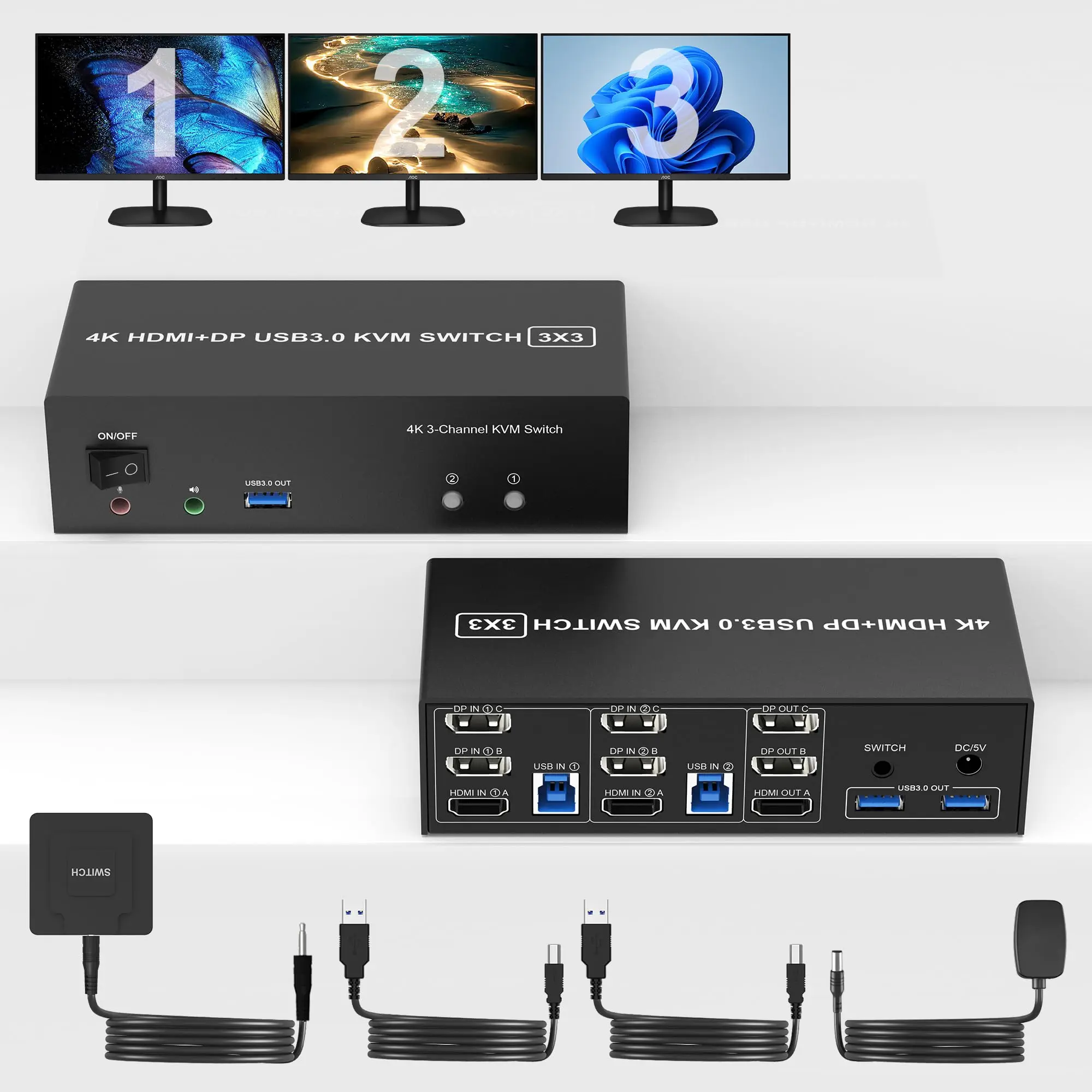 

Triple Monitors KVM Switch 2 Displayport + HDMI 4K@60Hz 3 Monitors KVM Switch with Audio Microphone Output and 3 USB 3.0 Ports