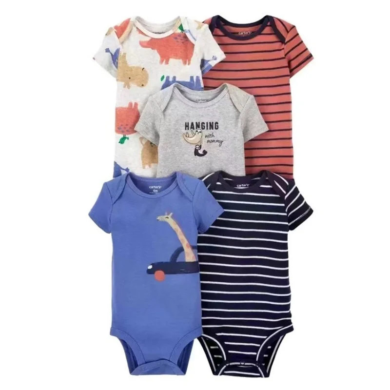 New Cartoon Baby Boys Girl Bodysuits 5Pcs Short Sleeve Stripe 100% Cotton Baby Clothes Newborn Body Bebe Jumpsuit Clothing 6-24M