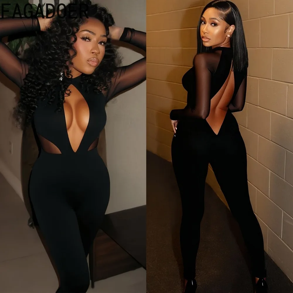 

FAGADOER Sexy Mesh Hollow-out Bodycon Jumpsuits Woman Solid Color Deep V-neck Long Sleeves Rompers Female Streetwear Overalls