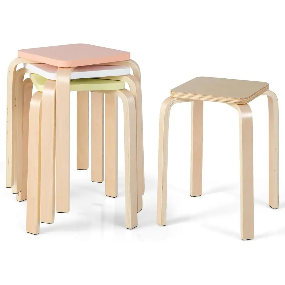 Stackable Wooden Stools Set of 4, Back Chairs with Square Top, Anti-Slip Foam Mats, Portable Seating for Classroom, Office, Dini