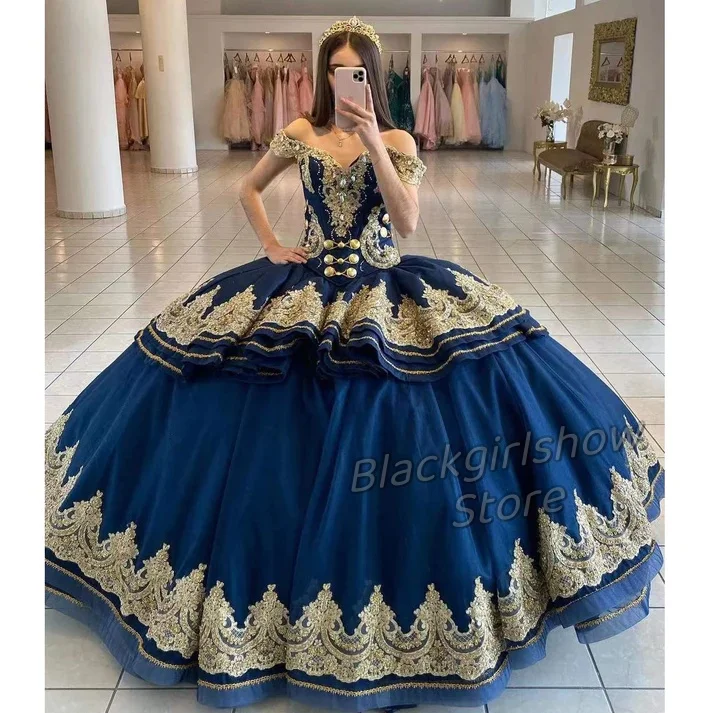 

Синие платья Quinceanera с бисером, золотое кружево с рюшами, корсет в форме сердца, длинное бальное платье принцессы с короткими рукавами, Vestidos De 15 Años