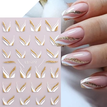Pegatinas para uñas de líneas francesas con purpurina brillante, cinta curva de ondas, rayas de oro blanco, calcomanías para manicura, decoración encantadora para uñas, LS-J72