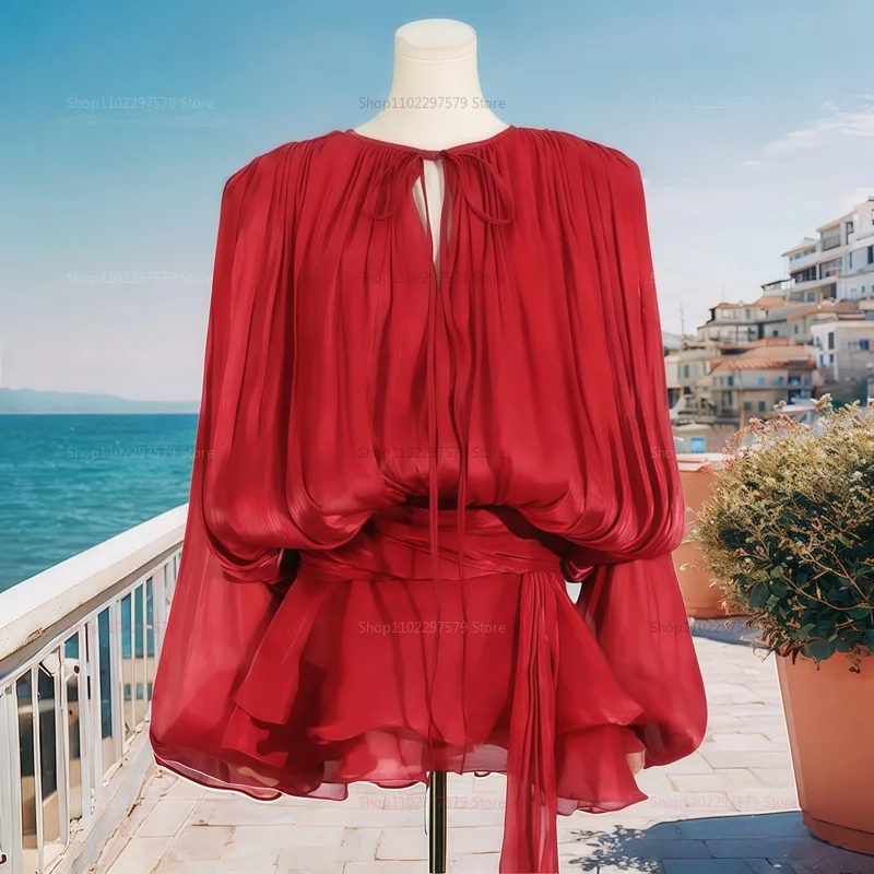 Женское модное трендовое плиссированное мини-платье Элегантная короткая юбка с рюшами и длинными рукавами с завязками на шее-фонарике Струящееся однотонное платье