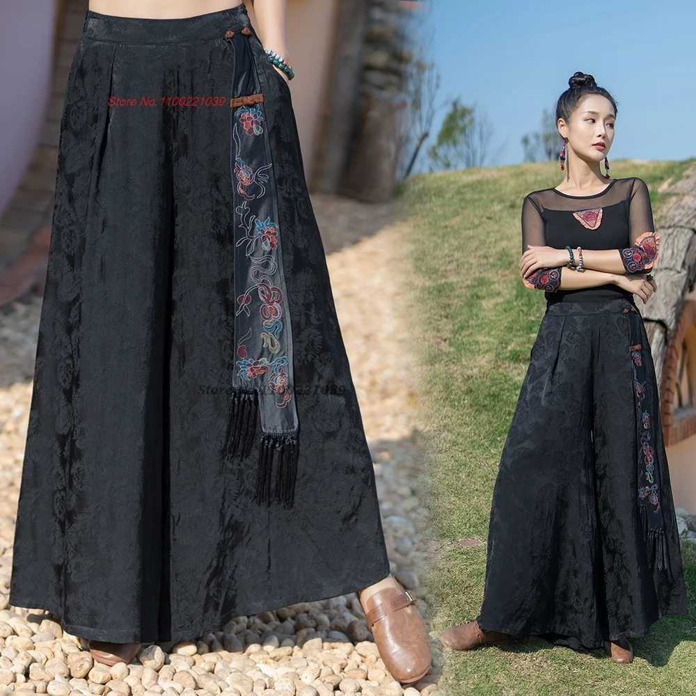 

2025 chinese vintage pants national flower embroidery satin jacquard pants elastic waist folk trousers loose wide leg pantalones
