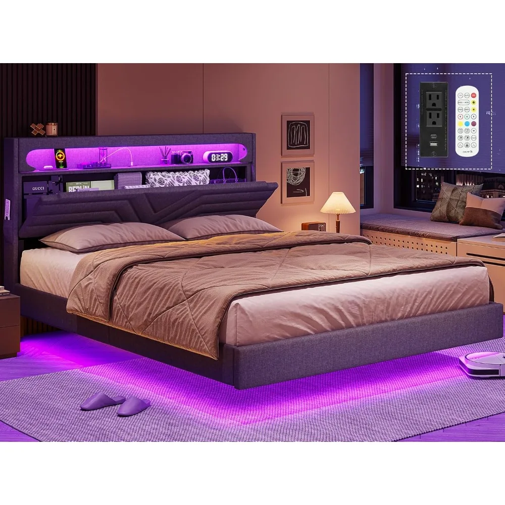 Queen Floating Bed Frame with RGB LED Lights Headboard USB-C/A Power Combo Linen Upholstered Platform Bed with Storage Headboard