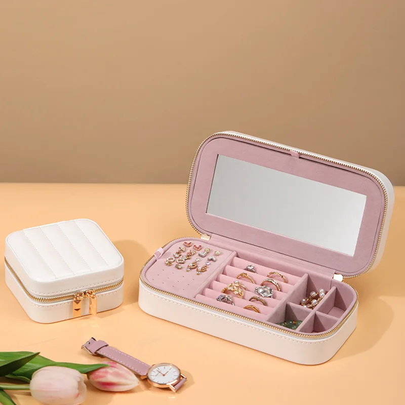 

Полосатая шкатулка для драгоценностей с металлическим зеркалом на молнии, многослойный дорожный органайзер для колец, ожерелья, сережек, портативный подарок для женщин