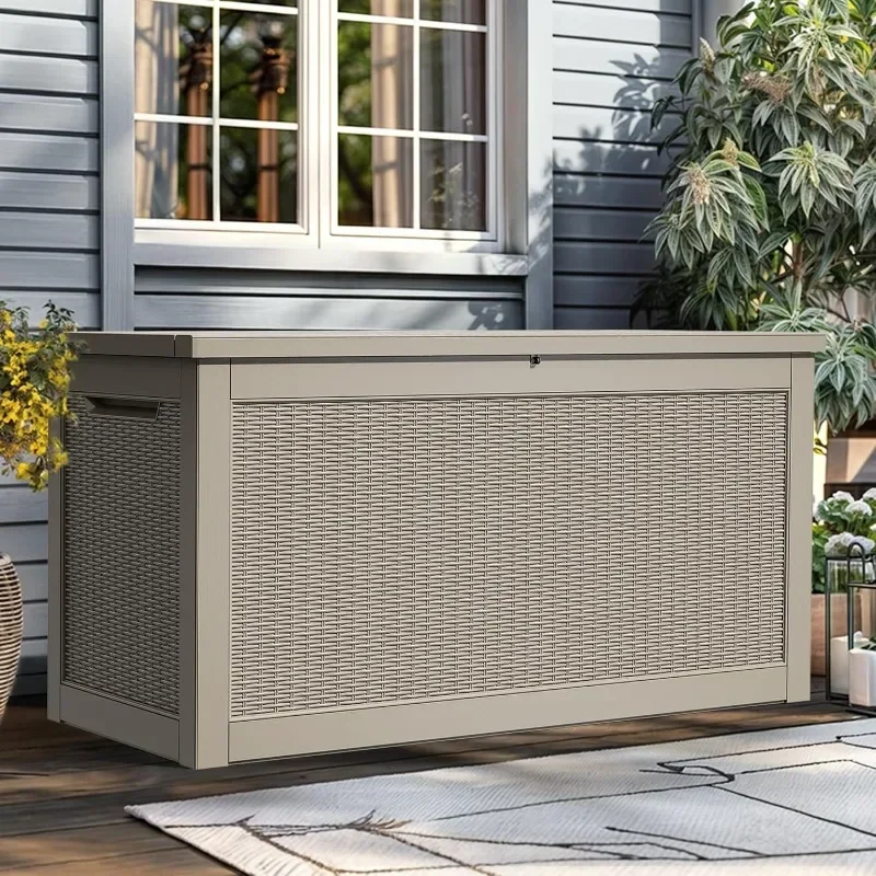 Gal Large Deck Box, Outdoor Resin Storage Box, Rattan Storage Container for Patio Furniture