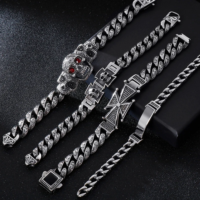 Fongten Gothic Skull Cross Curb Men\'s Bracelet Vintage Black Cuban Chain Stainless Steel Skeleton Male Bracelets Bangle Jewelry