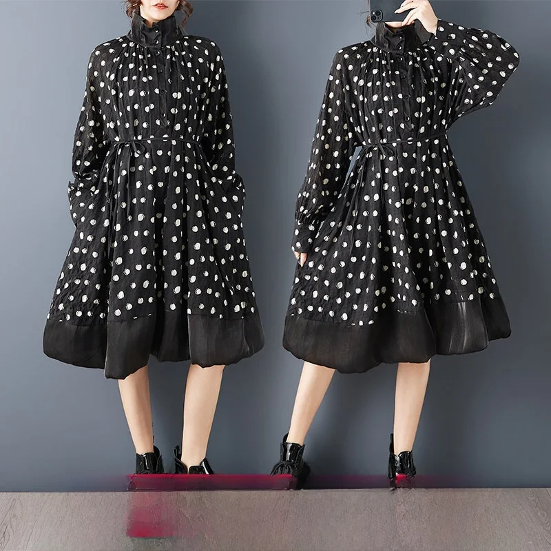 

Новое весенне-летнее платье в темном стиле с плиссировкой, воротником-стойкой и поясом, женская юбка миди с эффектом пэчворк