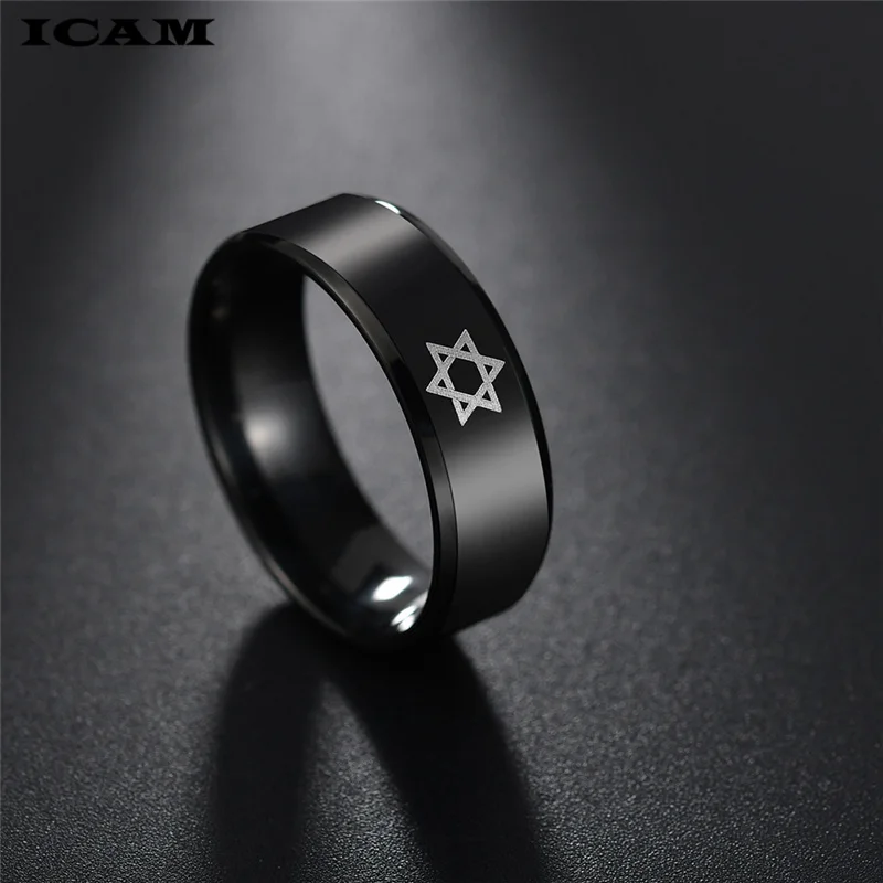 Icam preto estrela de david anel masculino judaísmo religioso israel jóias judaicas anel de aço inoxidável obsidiana david estrela anéis