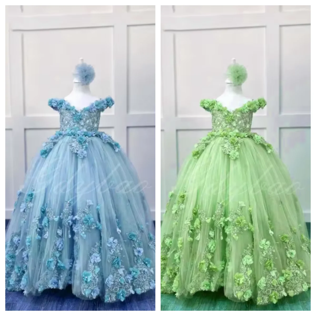 Flower Girl Dress For Wedding 3D Applique Tulle Ball Gown Princess Luxury Kids Birthday Evening Party Dress