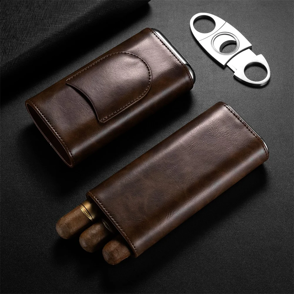 3-pack Cigar Case Portable Leather Holder Box Storage with Stainless Steel Sharp Cigar Cutter Luxury Smoking Accessories CH-24FA