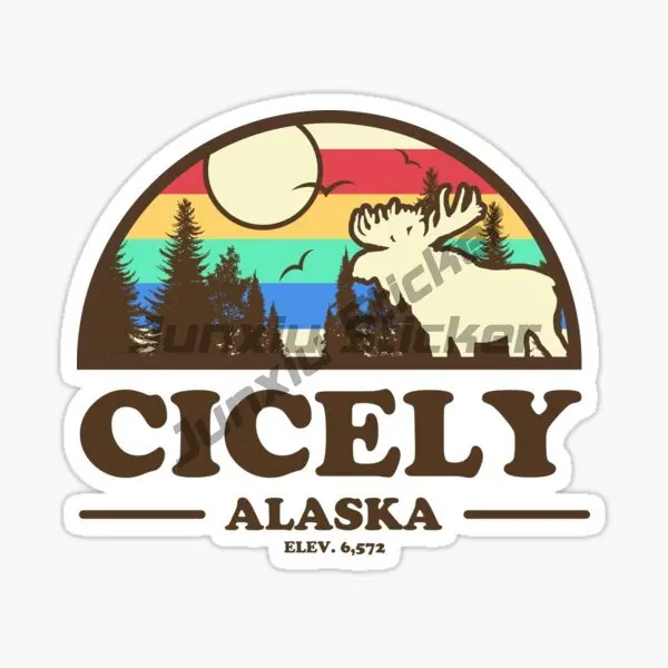Alaska Moose American Retro Sunset Snow Mountain Travel Souvenir Sticker Helmet Luggage Camping Outdoor Style Decorative Decal
