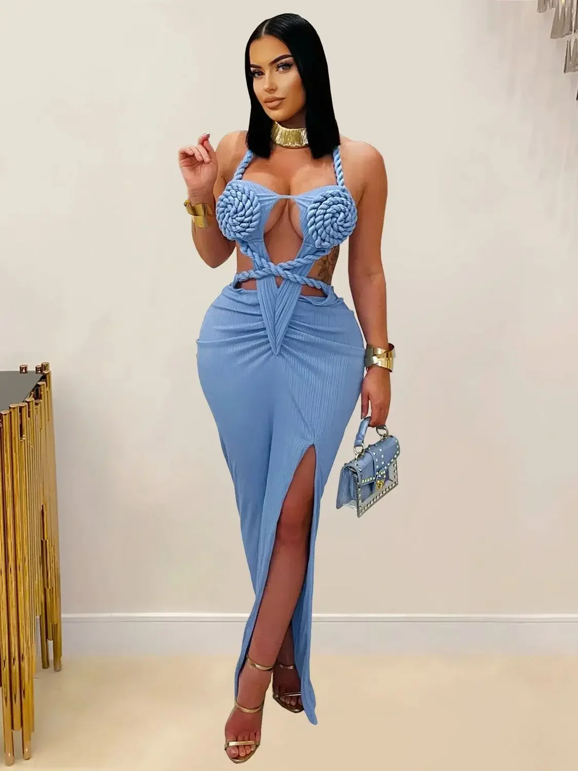 Vestido maxi feminino recortado franzido laranja sexy halter pescoço sem costas fenda alta bandagem vestidos de festa roupas de aniversário