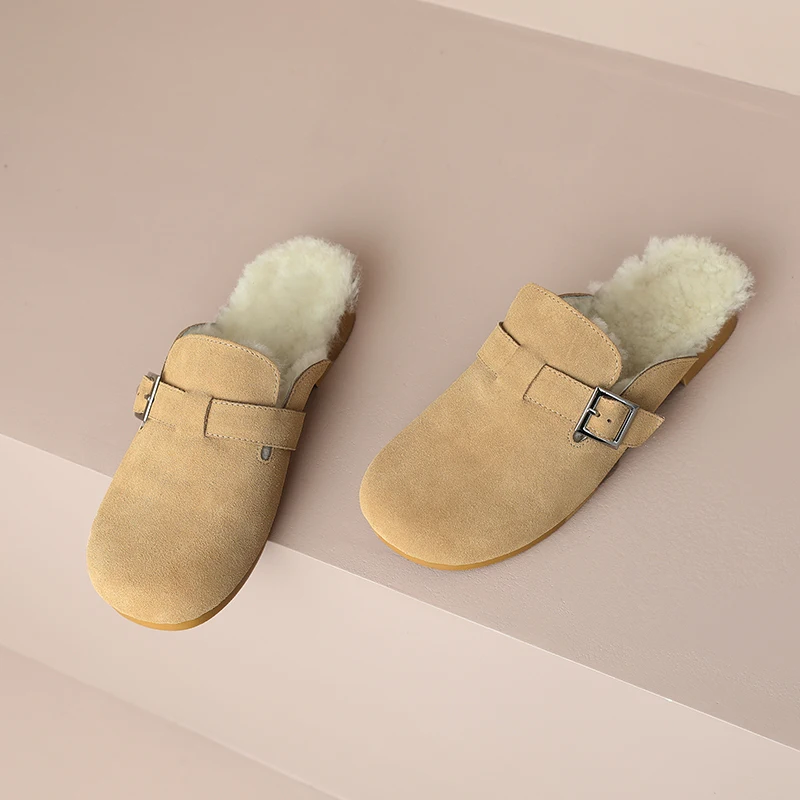 

Genuine Leather Flat Plush Winter Wool Comfortable To Wear on The Outside of Women's Baotou Large Size Slippers Ladies Shoes