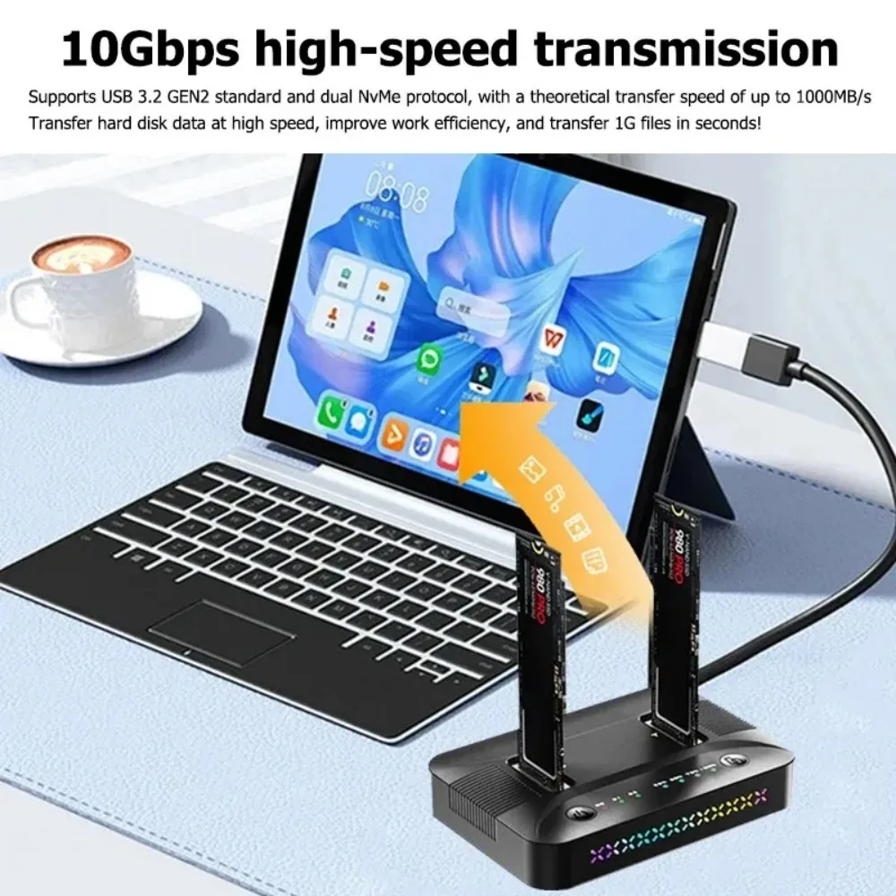 KEBIDU USB3.2 Gen2 Dual Bay M.2 SSD Docking Station Offline Clone Duplicator M.2 NVMe SATA Hard Disk Enclosure Support M.2