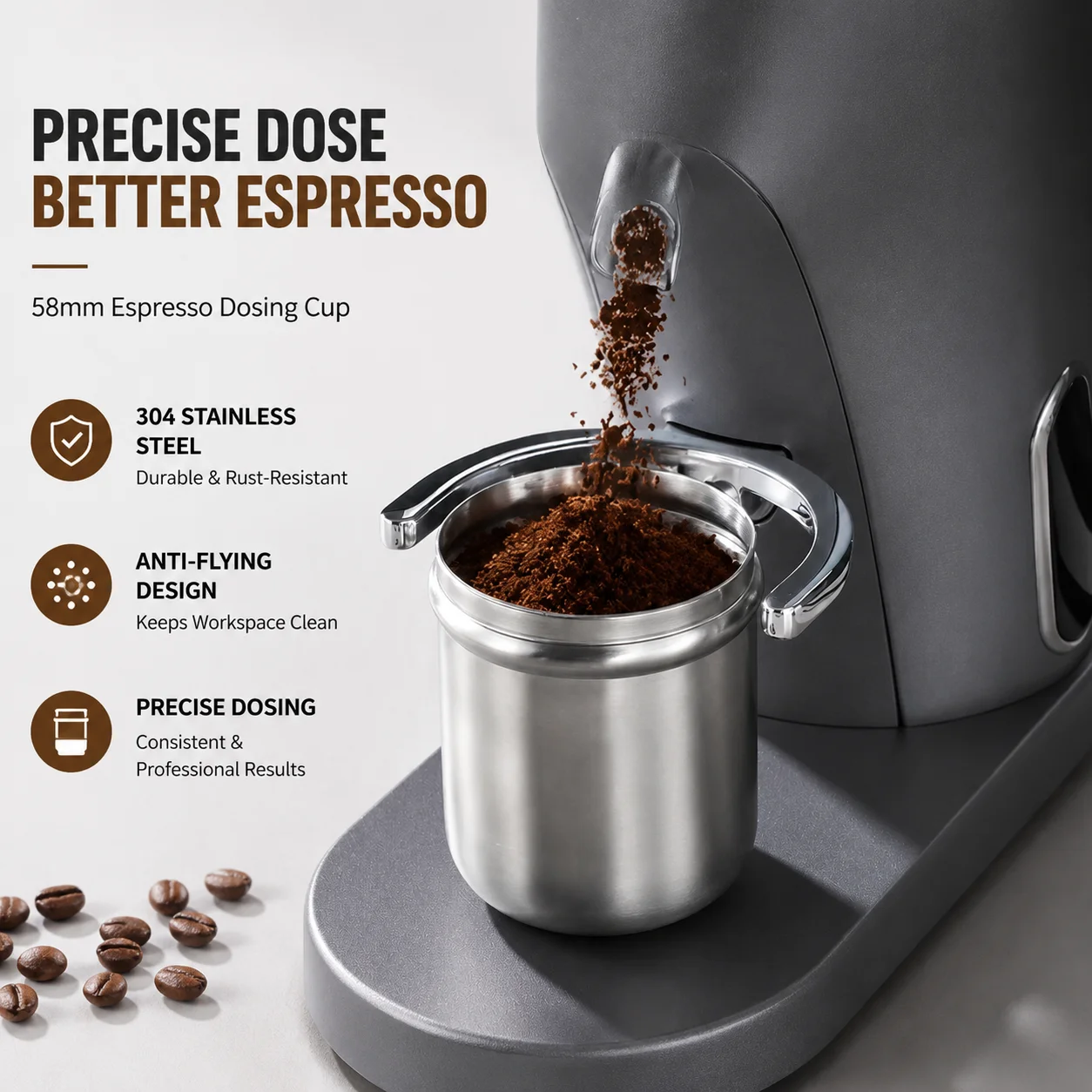 58mm Espresso Dosing Cup 304 Stainless Steel Inverted Powder Receiver Bean Cup Anti-Flying Barista Tool Accessory