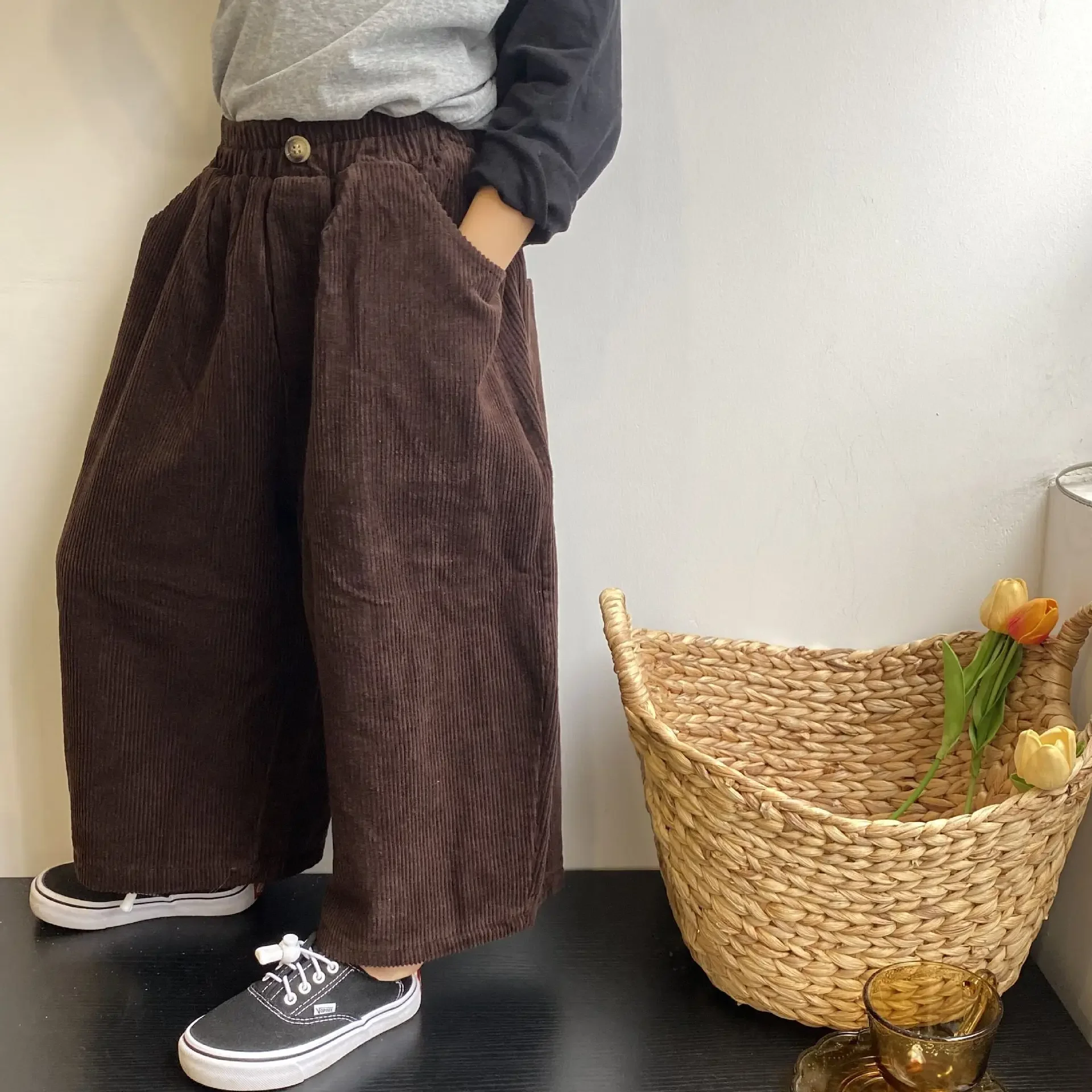 Winter New Style Korean Boys Girls Corduroy Velvet Pants Children Loose Coffee Color Solid Fashion Warm Wide Leg Pants