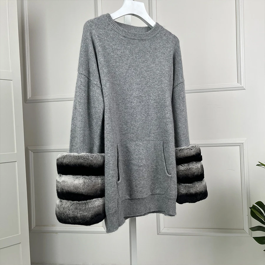 

Пальто с манжетами из натурального кроличьего меха, весенние свитера, красивый шерстяной топ с круглым вырезом, весенне-осенняя горячая распродажа