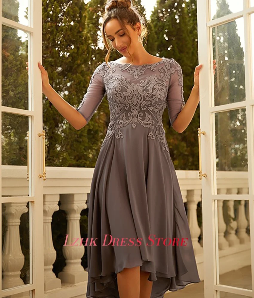 Op maat gemaakte klassieke chiffon A-lijn appliqués avondjurk Hoge kwaliteit O-hals halve mouwen theelengte فسات dhásadro 2017-