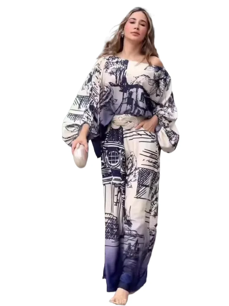 

Women's Print Two Piece Set Off Shoulder Bat Sleeve T Shirt Belt Loose Wide Leg Trousers 2 Piece Sets Fashion Office Female Suit