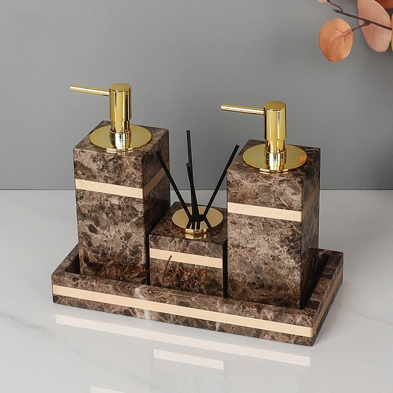 1set Emperador Dark Natural Marble Bathroom Set Luxury Stone Toothbrush Holder Tooth Mug Soap Dispenser Bathroom Accessories