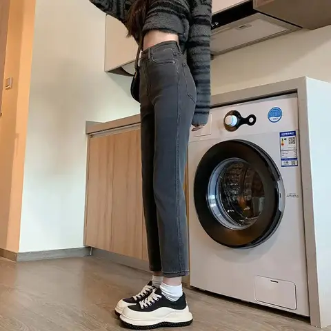 महिलाओं के लिए चारकोल ग्रे हाई-वेस्ट स्ट्रेट-लेग जींस, बहुमुखी स्लिमिंग शरद/शीतकालीन पैंट 8 best sales ग्रे पैंट - №7