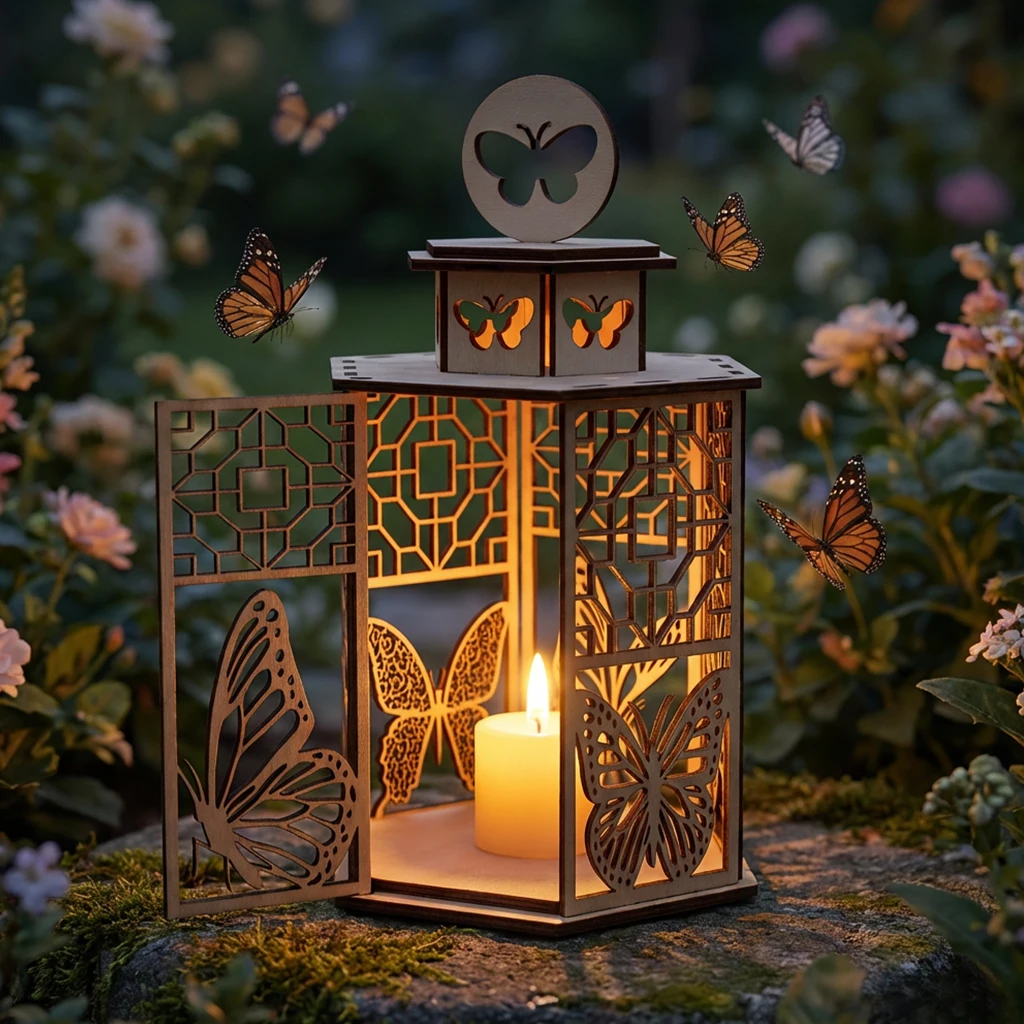 Handcrafted Butterfly Wooden Candle Holder Lantern, Vintage Hexagonal Tabletop Tea Light Holder,for Wedding Birthday Party