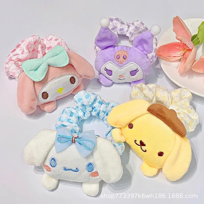 Sanrio Kawaii My Melody Kuromi POMPOMOURIN Cinnamoroll Doll Checkered Headband Girl Heart Rope Hair Accessory Girl Gift